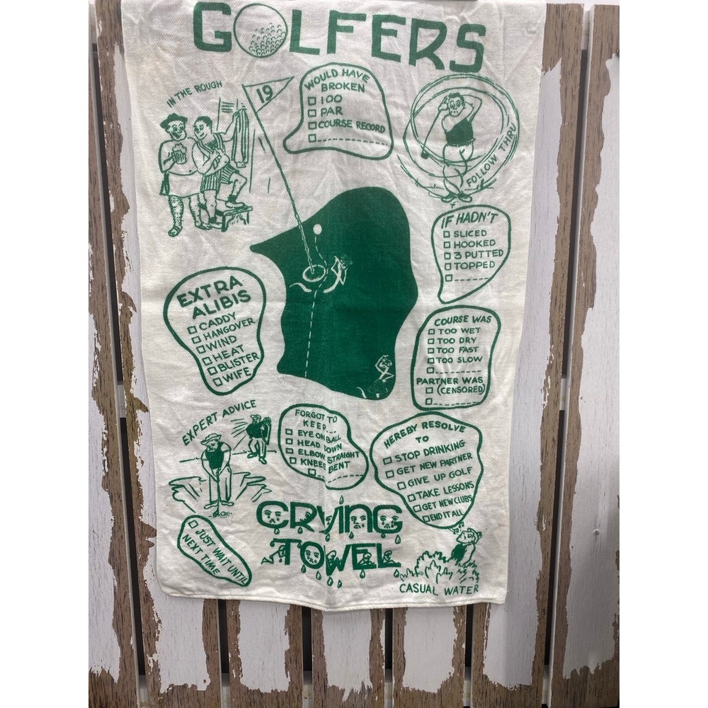 VINTAGE GOLF CRYING TOWEL ALL EXCUSES FOR BEING A LOUSY GOLFER 1950’s 25” x 15